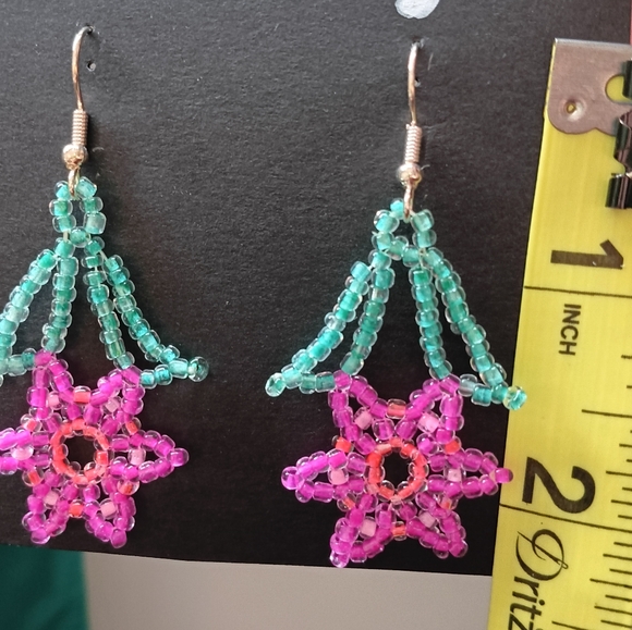 Handcrafted Pink & Turquoise Flower Earrings - Picture 2 of 2